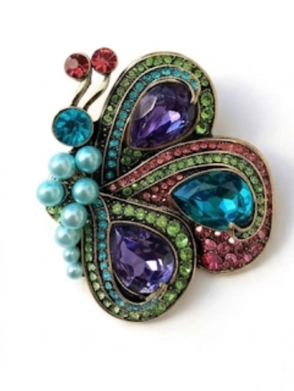 Vintage Style Multicolored Crystal Butterfly Brooch Pin | Antique Gold Tone NWT